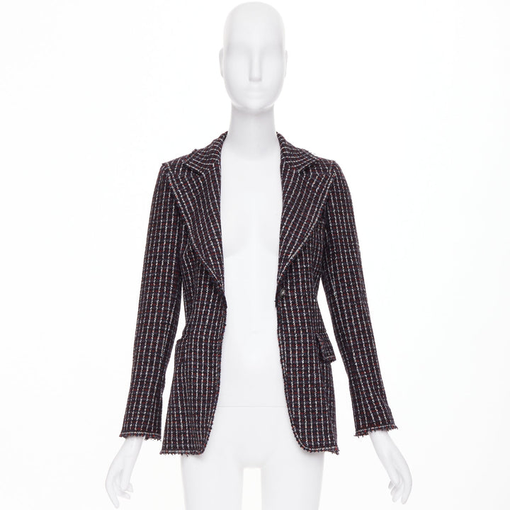 CHANEL 2008 burgundy navy check striped tweed cashmere wool fringe blazer FR42 L