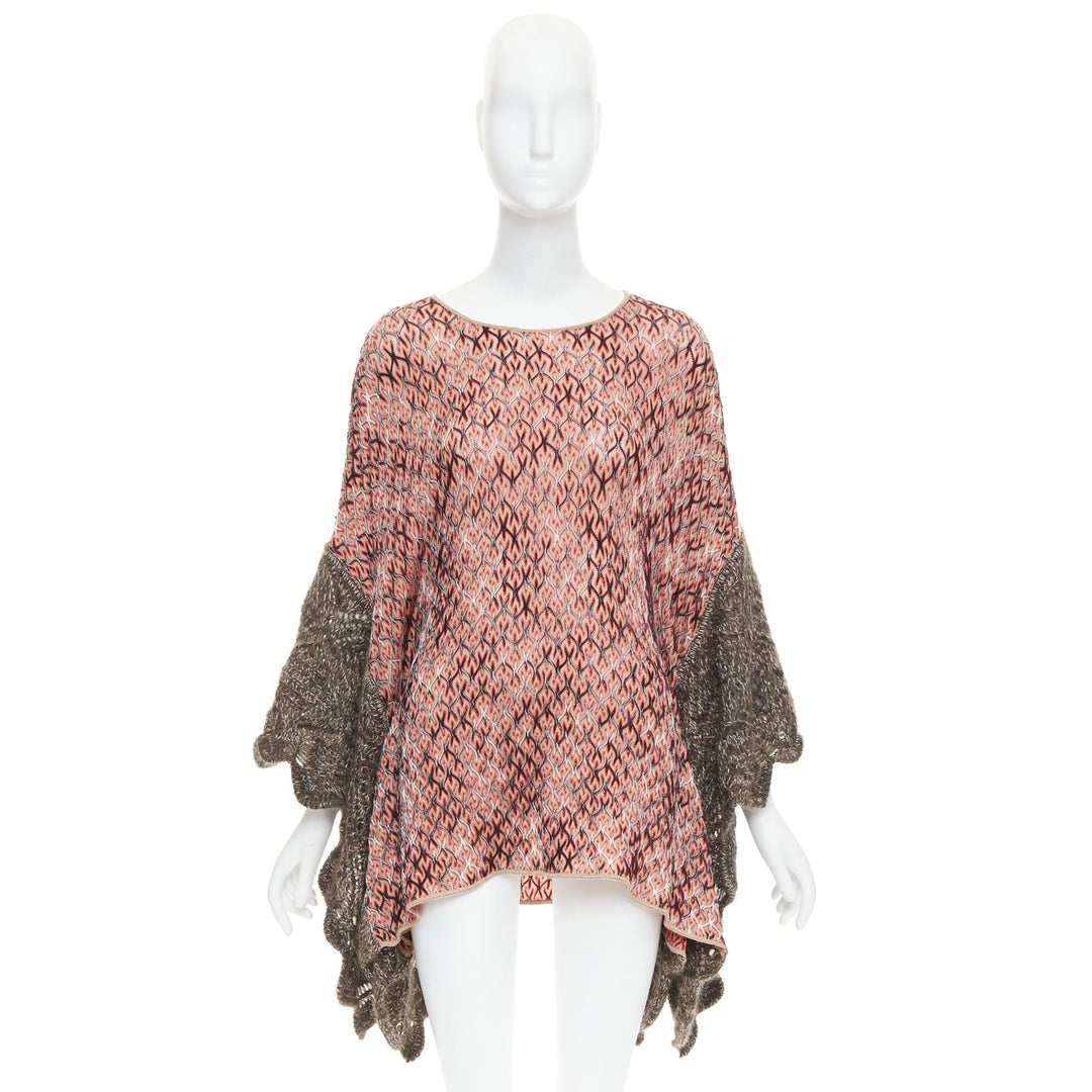 MISSONI red brown wool blend signature chevron contrast knit poncho sweater