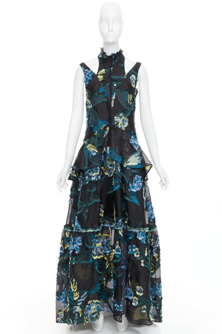ERDEM 2015 Runway black green blue sheer jacquard cold shoulder gown