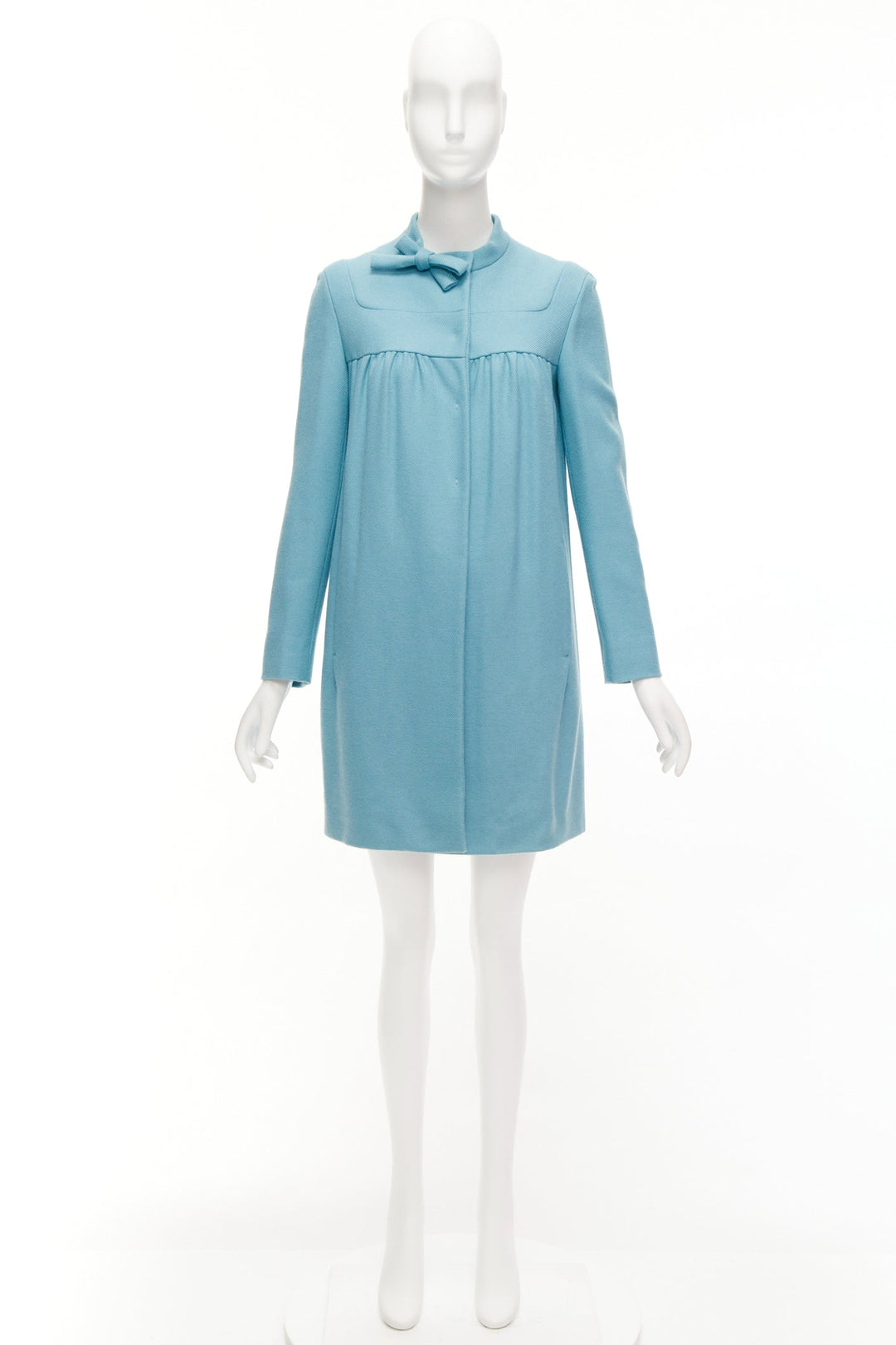 MIU MIU 2008 teal blue virgin wool cashmere bow collar gathered coat IT42 M