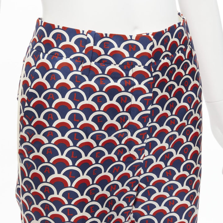VALENTINO 100% silk  scallop print logo print navy red flared pants IT36 XXS