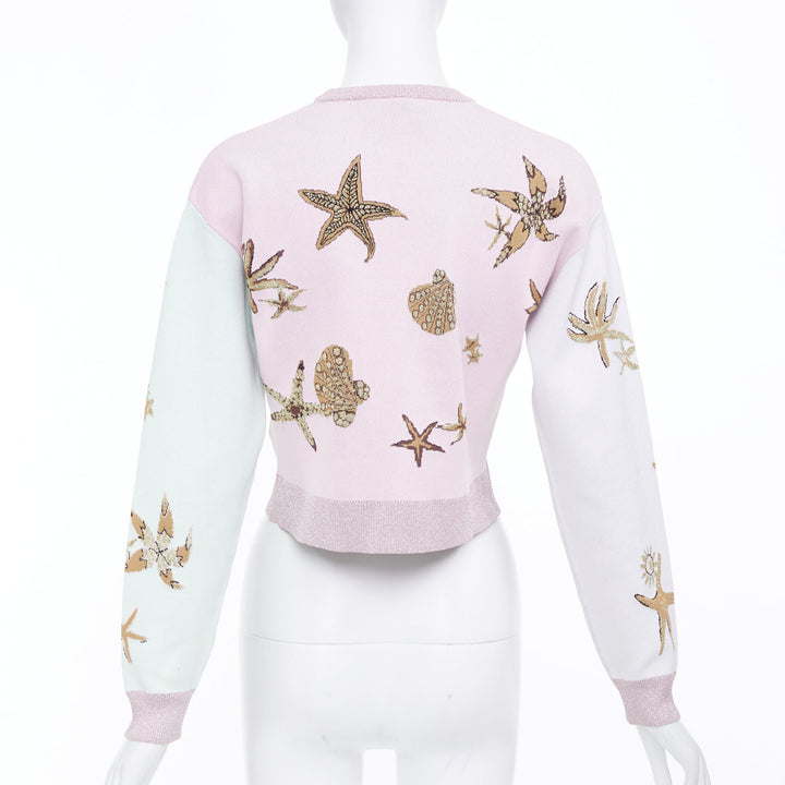 VERSACE 2021 Tresor de la Mer pink crystal starfish lurex crop sweater IT38 XS