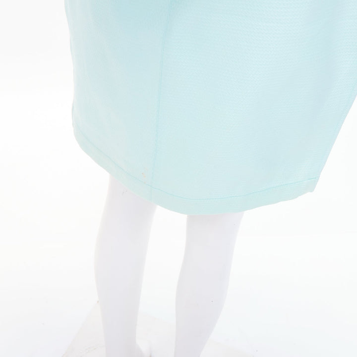 THIERRY MUGLER Vintage pale blue wool textured short sleeve peplum skirt suit