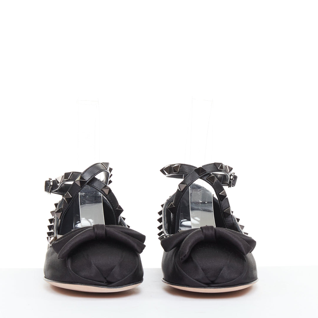 VALENTINO Rockstud nero black satin leather studded cross ballet flats EU37.5