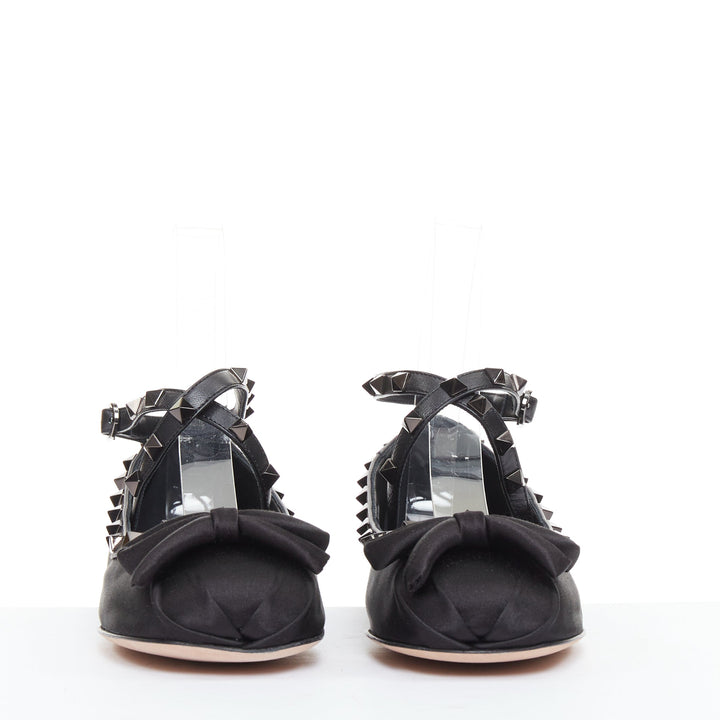 VALENTINO Rockstud nero black satin leather studded cross ballet flats EU37.5