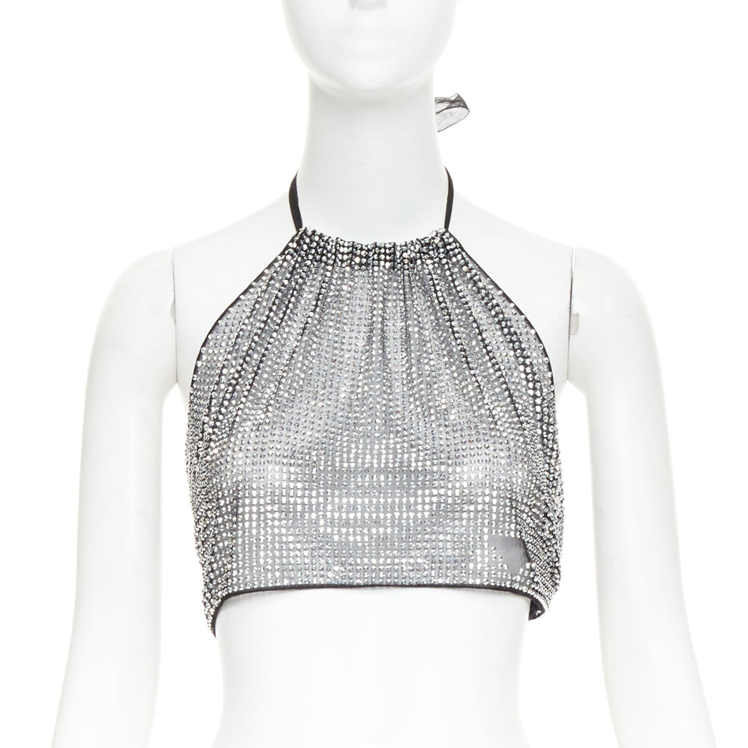 PRADA 2021 silver crystal rhinestone mesh halter neck crop top IT36 XXS
