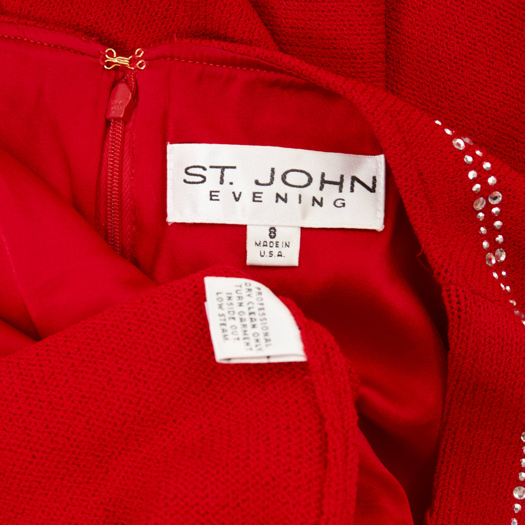 ST JOHN COUTURE Red crystal embellished scoop neck knit dress US8 M