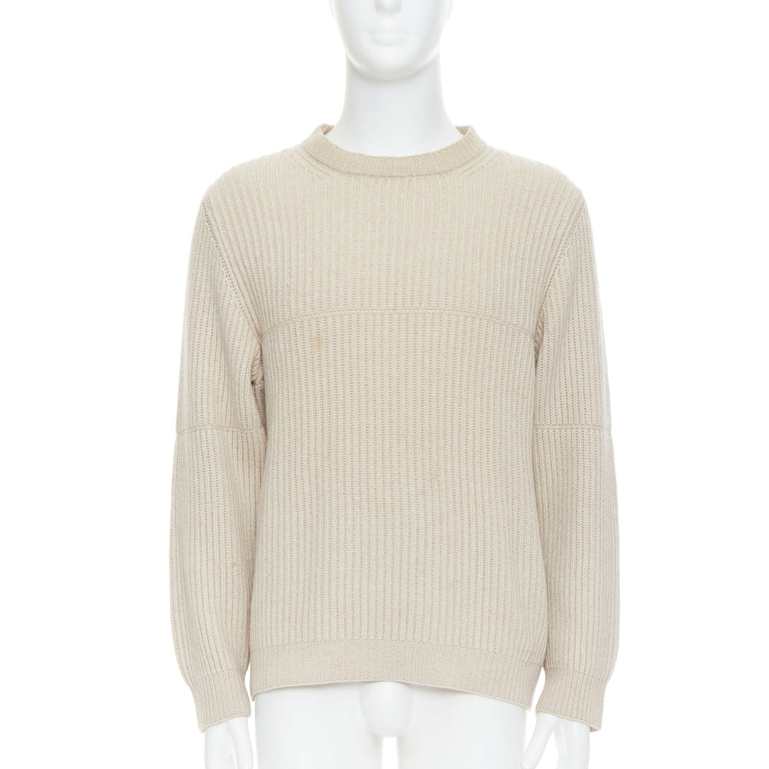 Male mannequin wearing Ermenegildo Zegna Puro Cashmere Beige Cashmere Men Sweater in Size EU48 | Available at JHROP