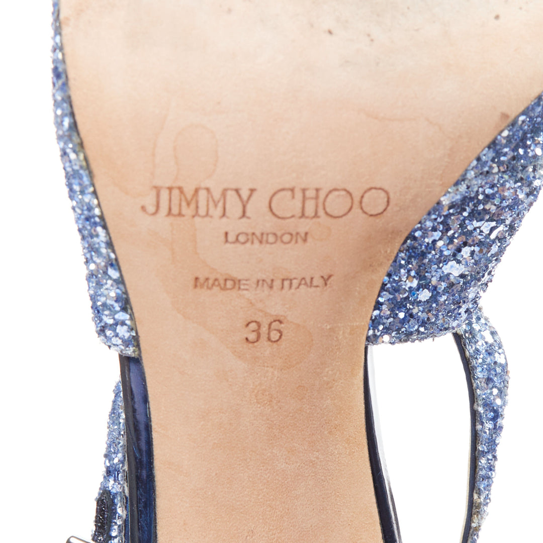 JIMMY CHOO Emily blue glitter crisscross strap open toe sandals EU36