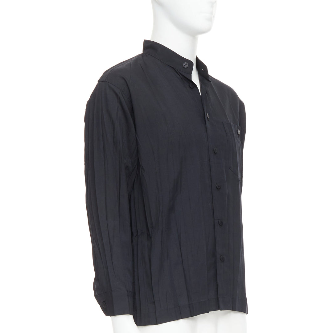 ISSEY MIYAKE MEN black accordian plisse pleated  button down shirt Sz1 S