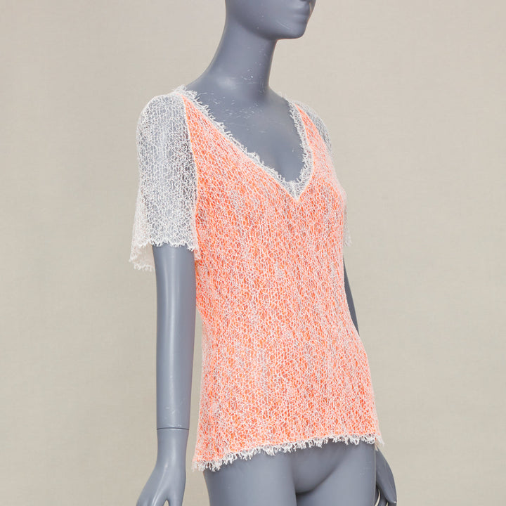CHANEL 00P sheer orange white cotton lace layered knitwear top FR46 XL