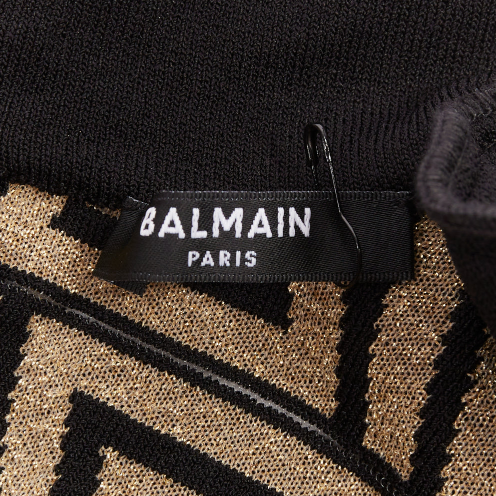 BALMAIN Monogram Knit Dress gold black geometric metallic brocade jersey dress
