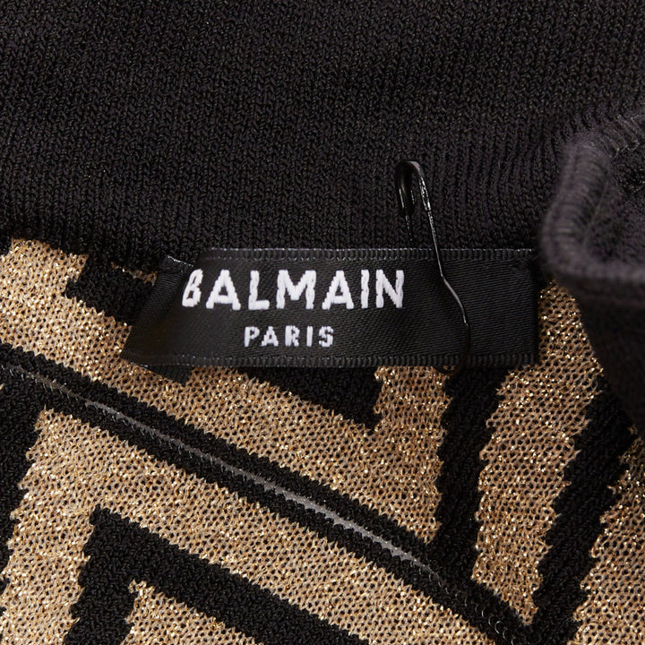 BALMAIN Monogram Knit Dress gold black geometric metallic brocade jersey dress