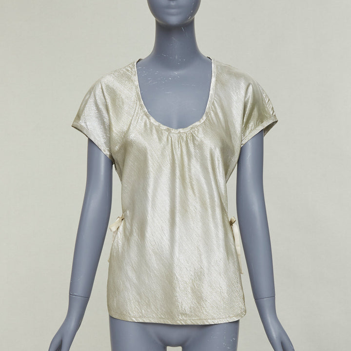 PRADA Linea Rossa Vintage silver silk blend lame scoop neck side ties top IT40 M