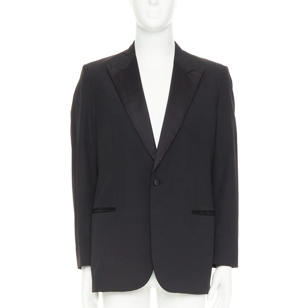 HERMES black wool blend satin peak lapel logo silk lined tuxedo blazer EU50 L