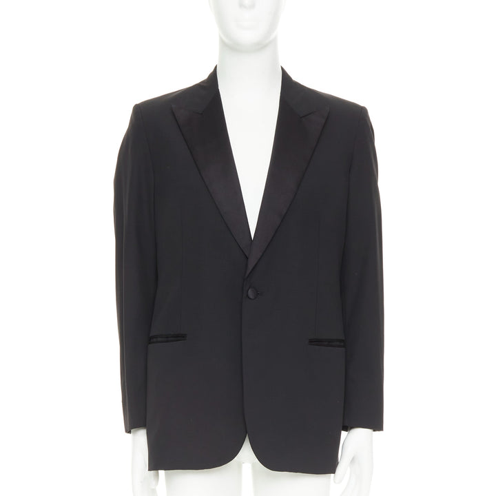 HERMES black wool blend satin peak lapel logo silk lined tuxedo blazer EU50 L
