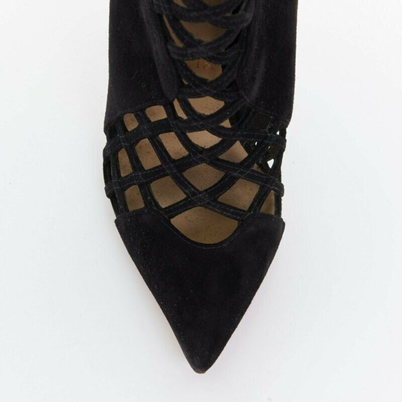 CHRISTIAN LOUBOUTIN Mrs Bouglione black suede mesh cut out pointy bootie EU35