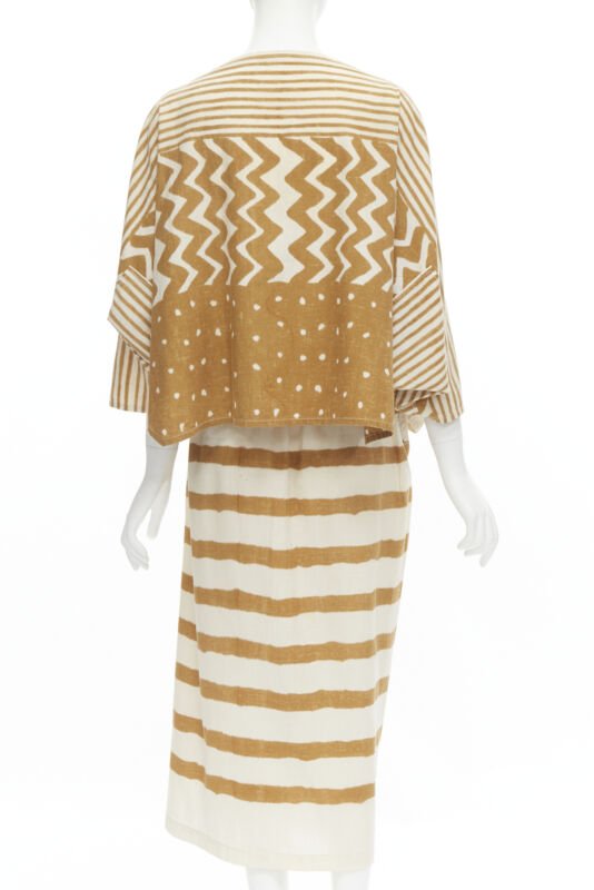 ISSEY MIYAKE 1980's Vintage beige yellow tribal stripe boxy top skirt set