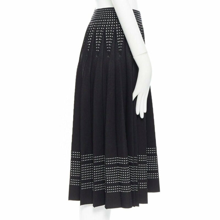 ALEXANDER MCQUEEN black white dot jacquard knit pleated flare midi skirt IT42 M