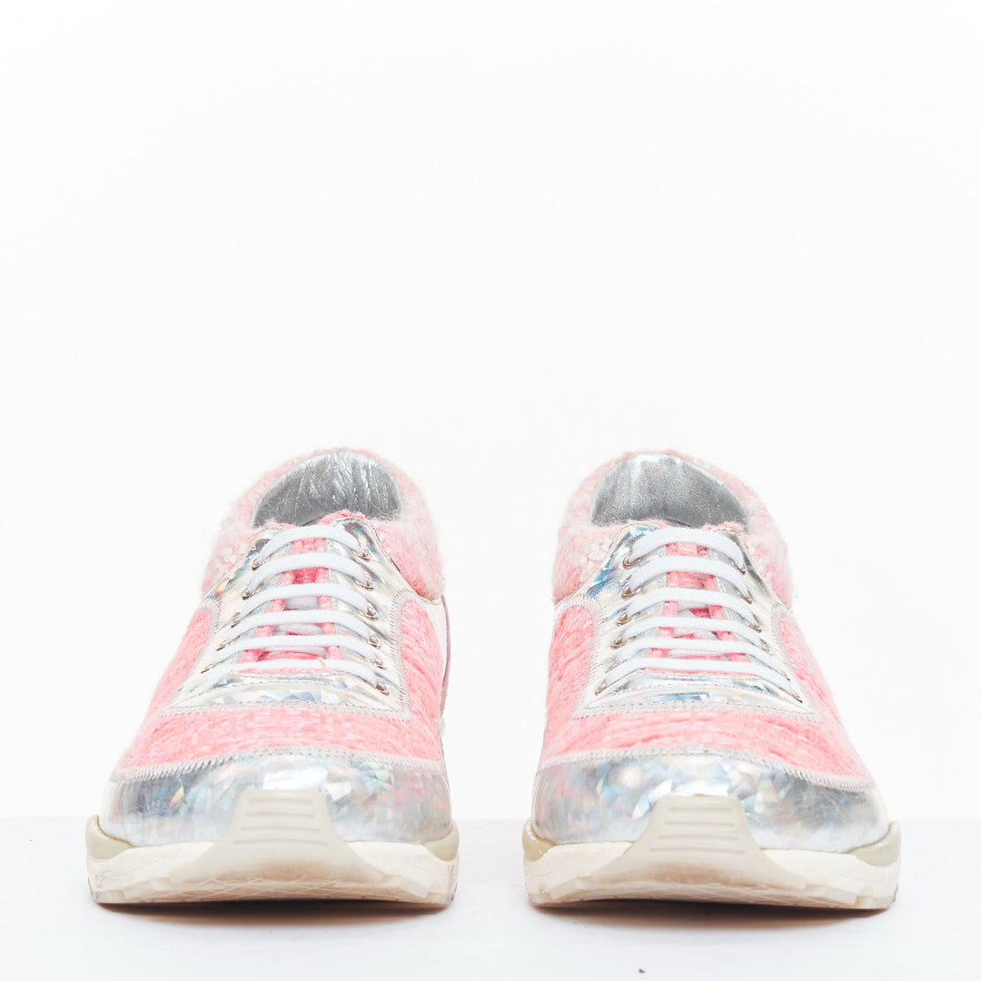 CHANEL 2014 pink tweed silver holographic silver leather sneakers EU38.5