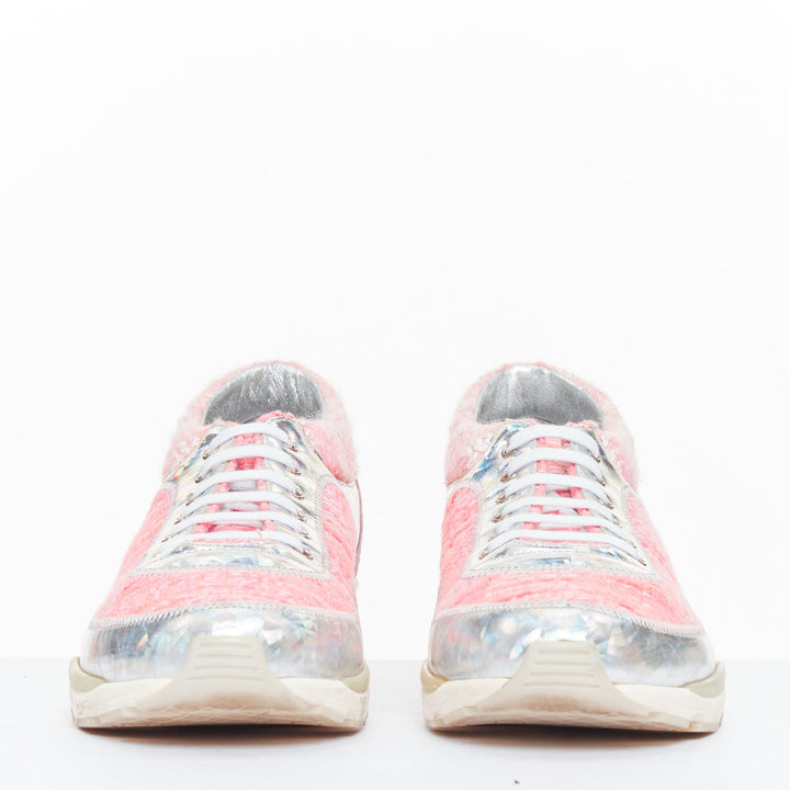CHANEL 2014 pink tweed silver holographic silver leather sneakers EU38.5