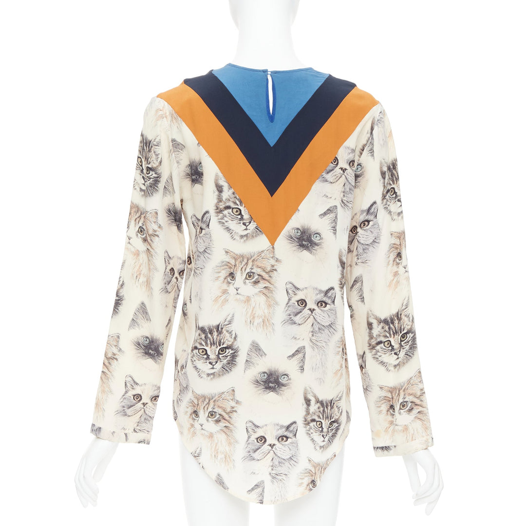 STELLA MCCARTNEY 2016 100% silk  beige orange cat print blouse IT38 XS