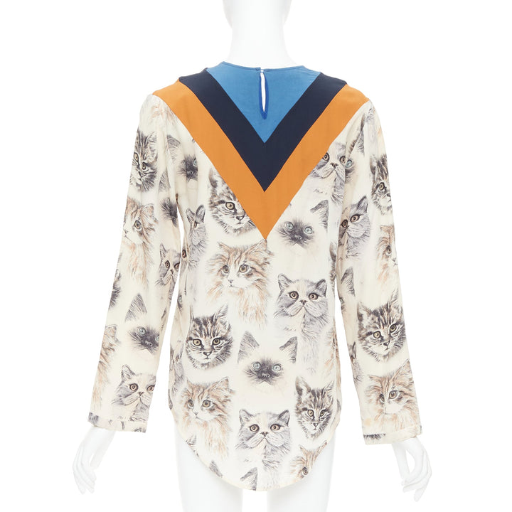 STELLA MCCARTNEY 2016 100% silk  beige orange cat print blouse IT38 XS