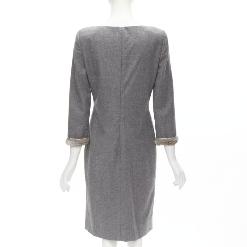 VALENTINO Vintage grey wool cashmere fur cuff pinched waist dress US8 M