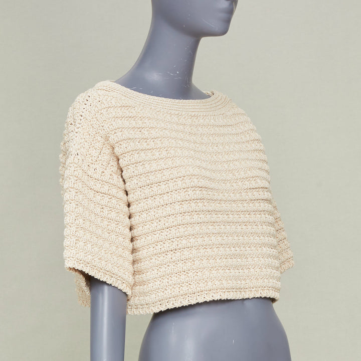 CHANEL 25C Runway garter stitch boat neck oat beige cropped knit top FR36 S