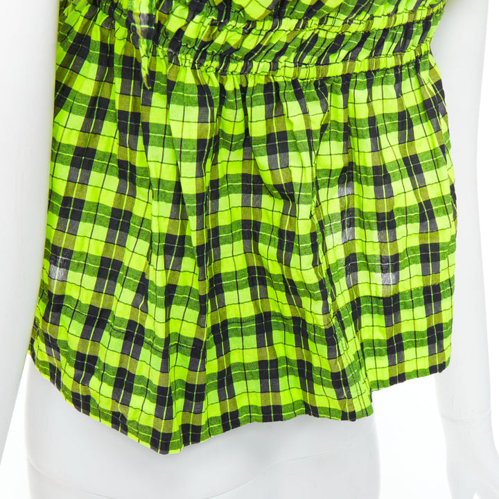 GANNI Checked Seersucker neon green ruffle tie shoulder crop top FR36 S