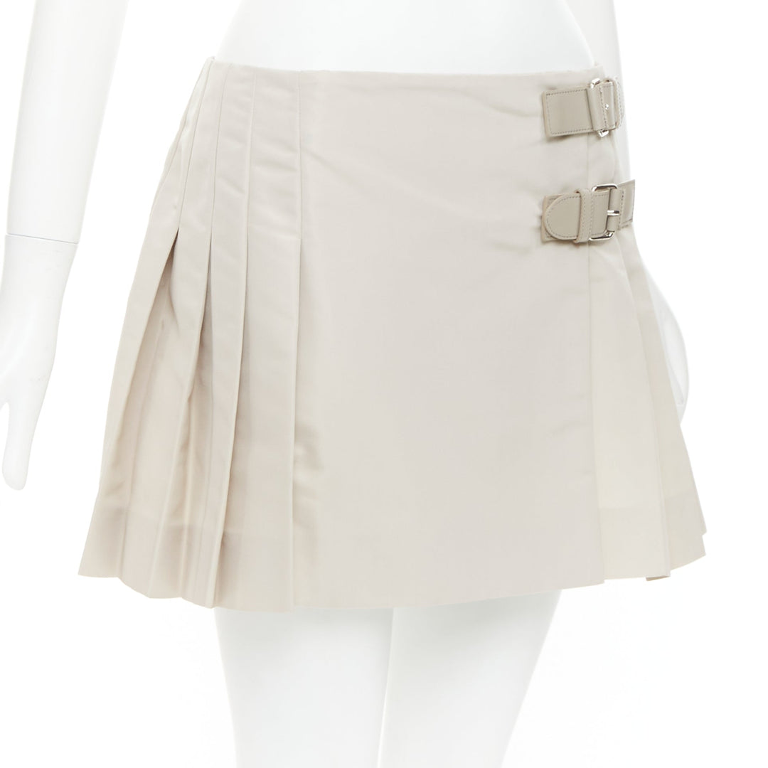 PRADA 2010 Vintage grey silk blend pleated leather buckles mini skirt IT42 M