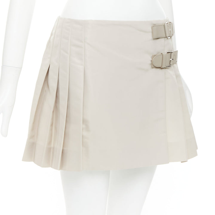 PRADA 2010 Vintage grey silk blend pleated leather buckles mini skirt IT42 M