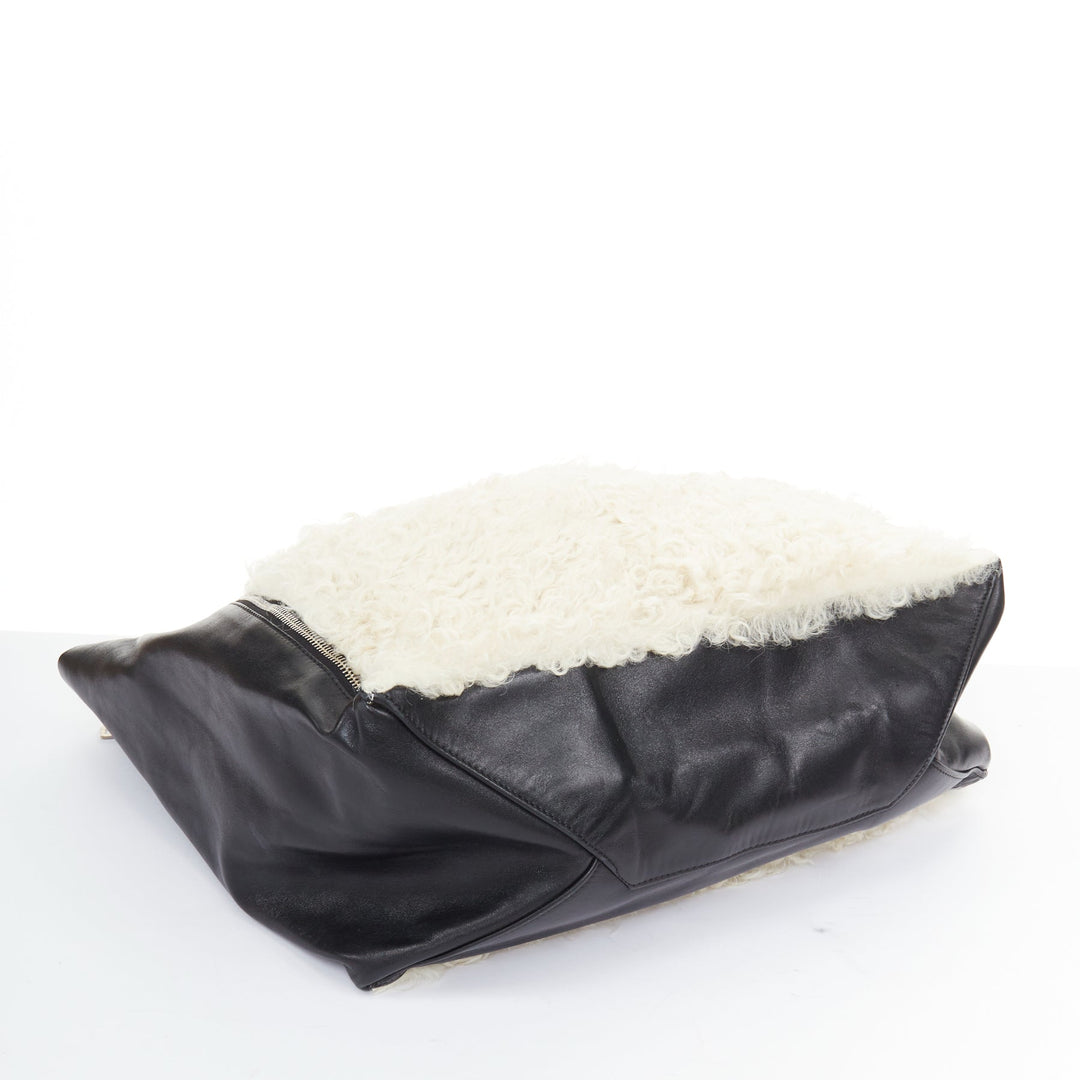 CELINE 2011 Vertical Gusset Cabas cream shearling black leather zip tote bag