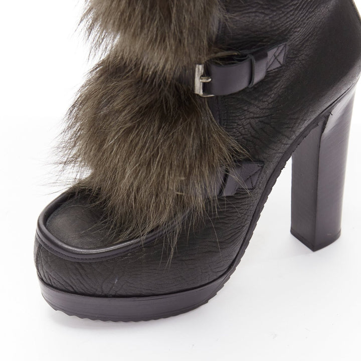 PIERRE HARDY black grained leather fur front trio buckle platform boot EU37.5