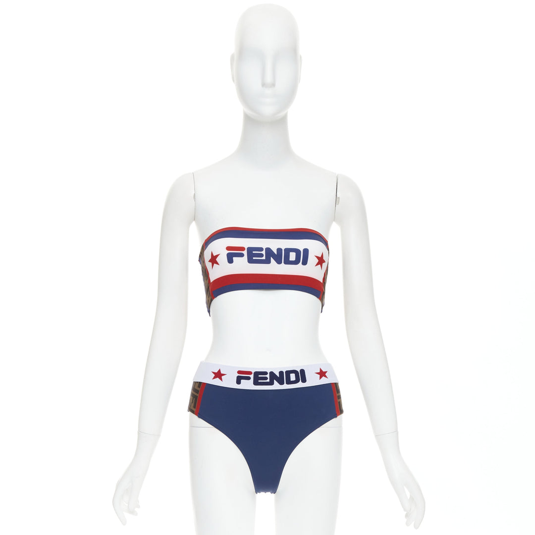 FENDI FILA blue red white logo star colorblock bandeau bikini swim set IT36 XXS