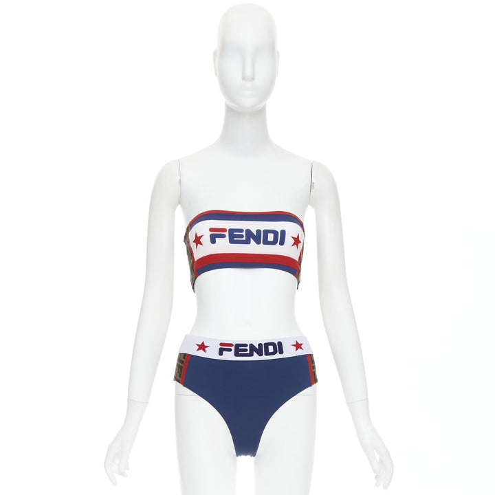 FENDI FILA blue red white logo star colorblock bandeau bikini swim set IT36 XXS