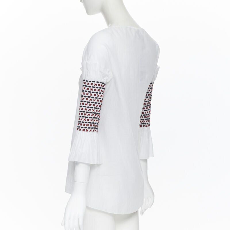 ROSIE ASSOULIN white ethnic embroidery smocked sleeves off shoulder top US4