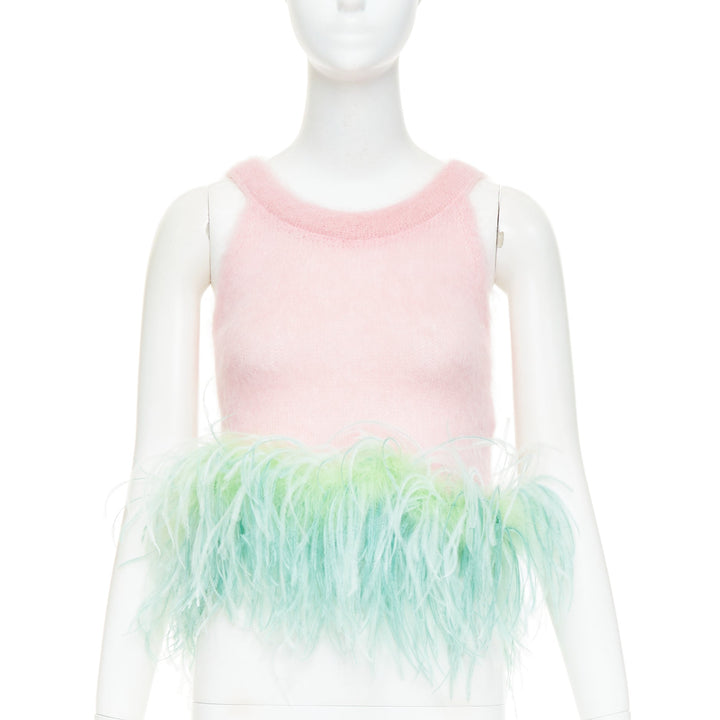 SAINT LAURENT 2022 Runway pink mohair wool green feather hem crop sweater M
