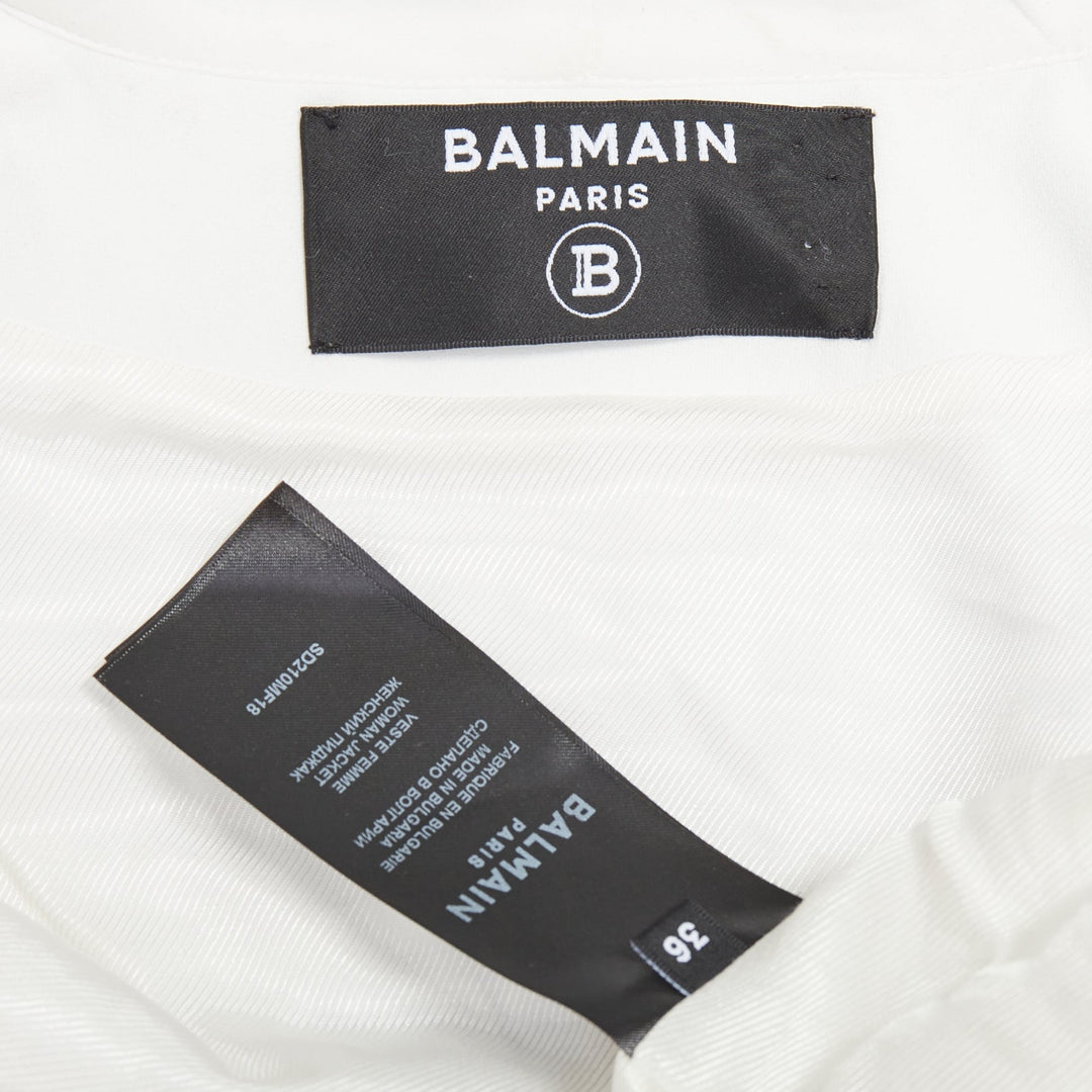 BALMAIN 2024 cream tweed silk sleeves gold lion buttons feather jacket FR36 S