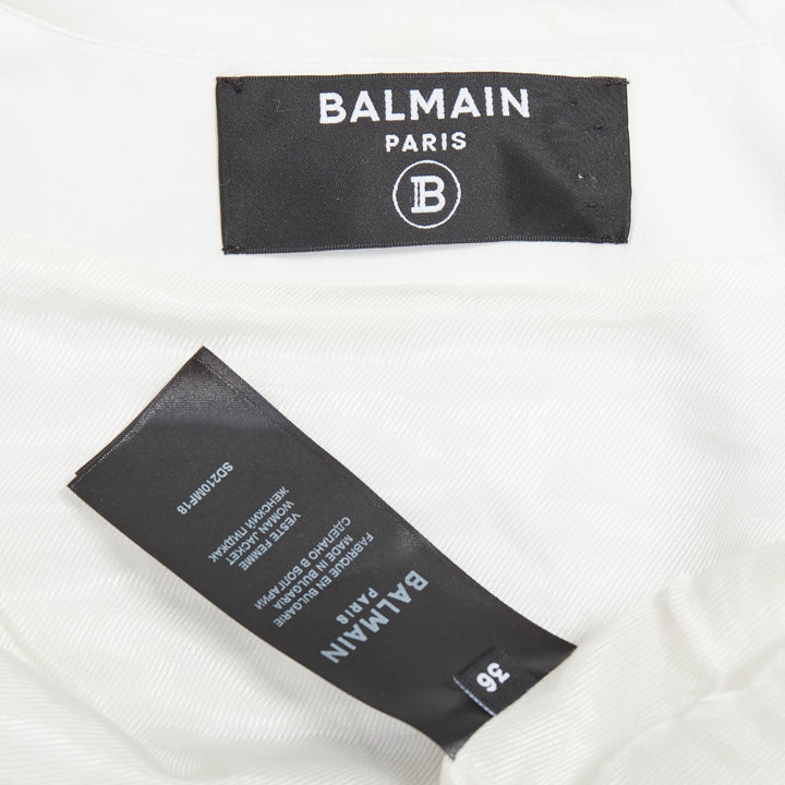 BALMAIN 2024 cream tweed silk sleeves gold lion buttons feather jacket FR36 S