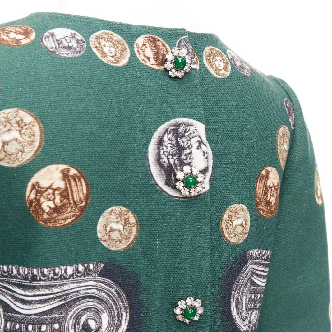 DOLCE GABBANA 2014 Runway green roman coin column bejeweled skirt set IT38 XS