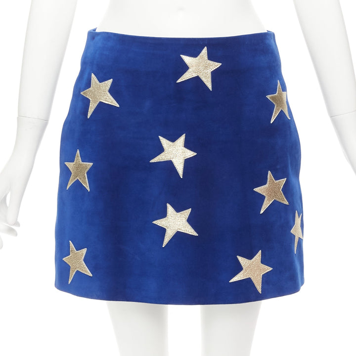 SAINT LAURENT 2018 blue suede gold metallic leather star patch skirt FR38 XS