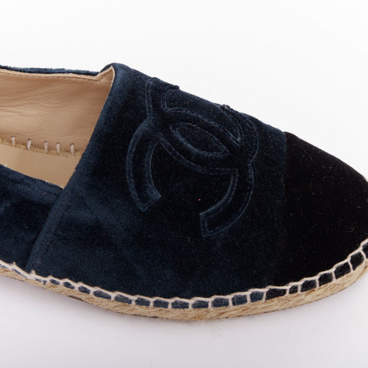 CHANEL navy velvet CC logo applique nude jute espadrille shoes EU37