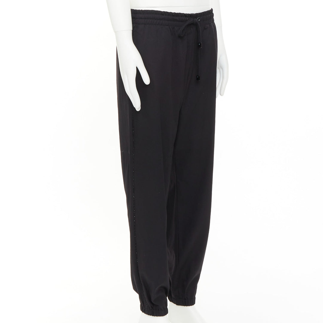 SAINT LAURENT 2018 black virgin wool beaded trim drawstring jogger pants FR48 M
