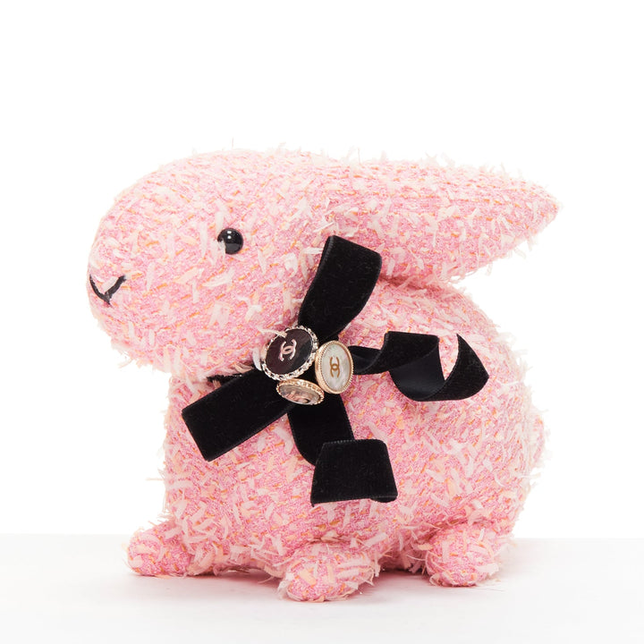rare CHANEL 23P VIP pink tweed black CC logo button ribbon bunny plushie toy