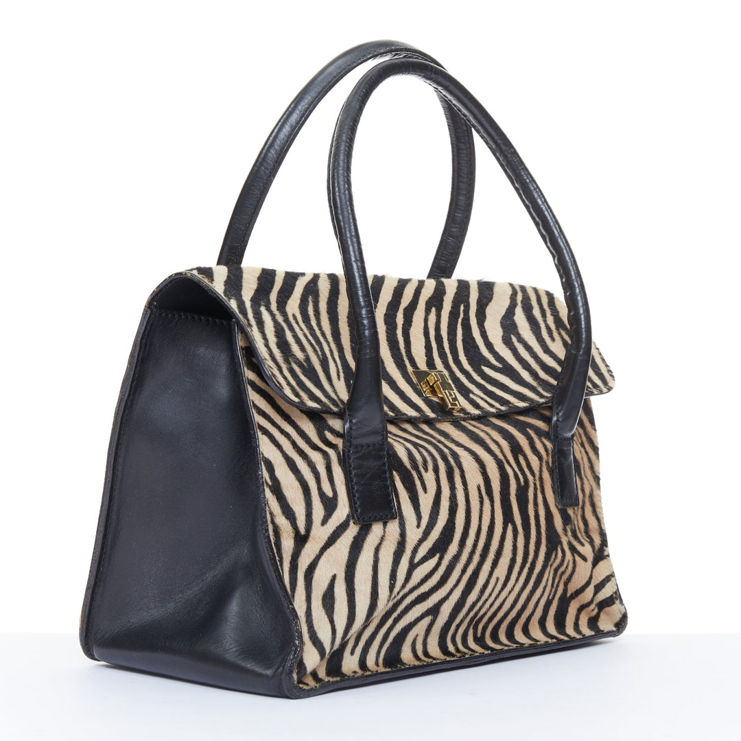 LAMBERTSON TRUEX 2004 zebra print calf hair black leather flap top handle bag