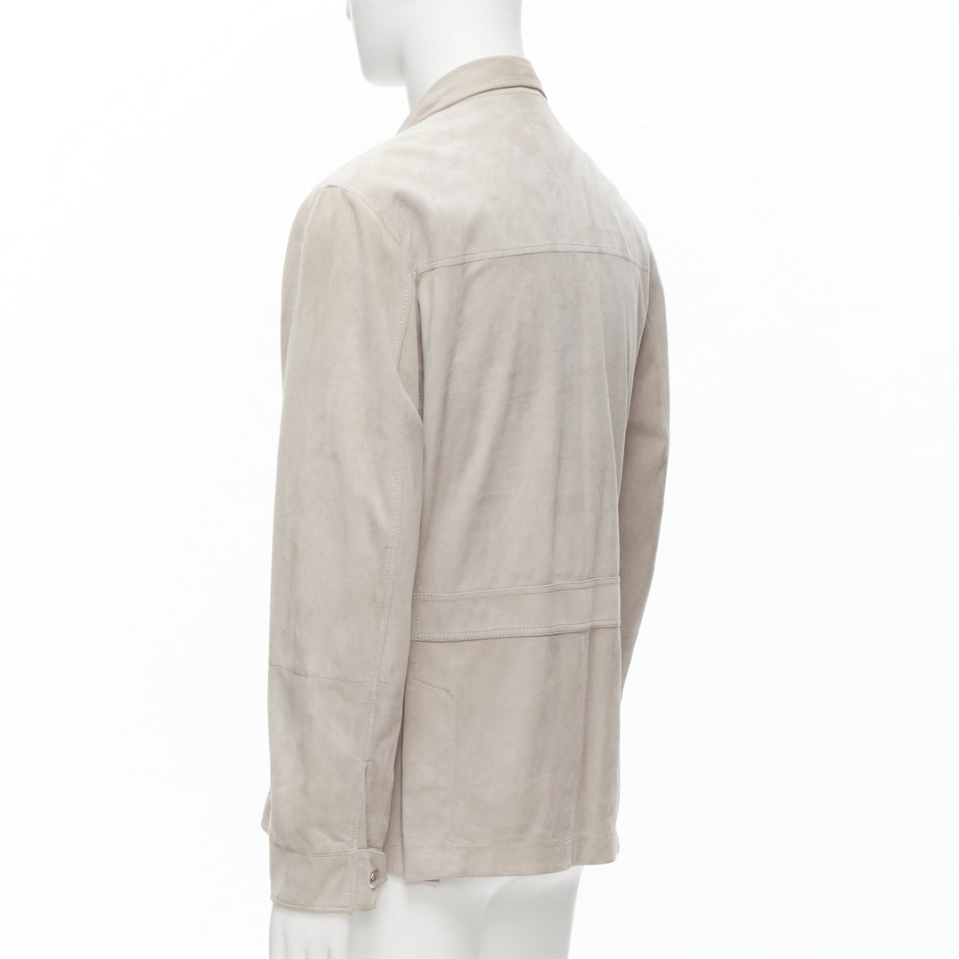 BRUNELLO CUCINELLI light grey genuine soft suede leather flap pocket jacket M