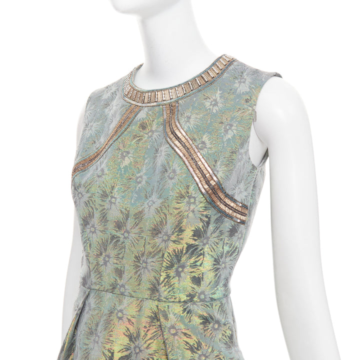 MATTHEW WILLIAMSON green iridescent gold bullet bead sheath dress UK8 S