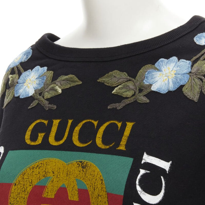 GUCCI blue floral embroidered vintage logo LOVED studded distressed sweatshirt S
