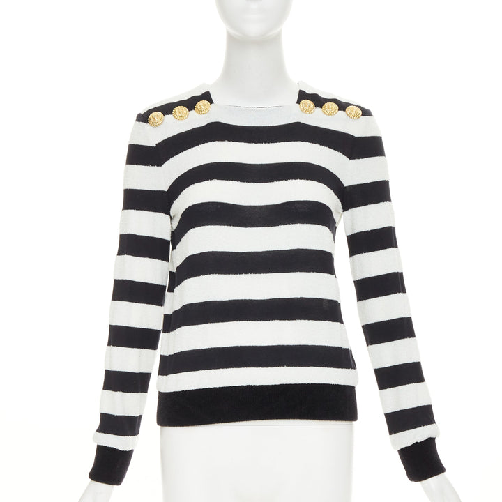 BALMAIN black off white stripes gold lion buttons square neck pullover FR36 S
